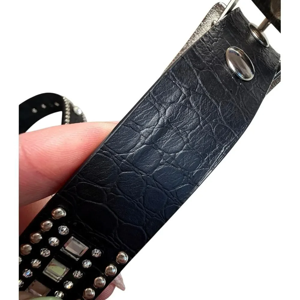 Western Rhinestone Crystal Belt Black Genuine Leather Croc Embossed Studded SM